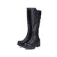 Schwarze Rieker Damen Hochschaftstiefel 74597-00 mit einem Reißverschluss. Schuhpaar seitlich schräg.