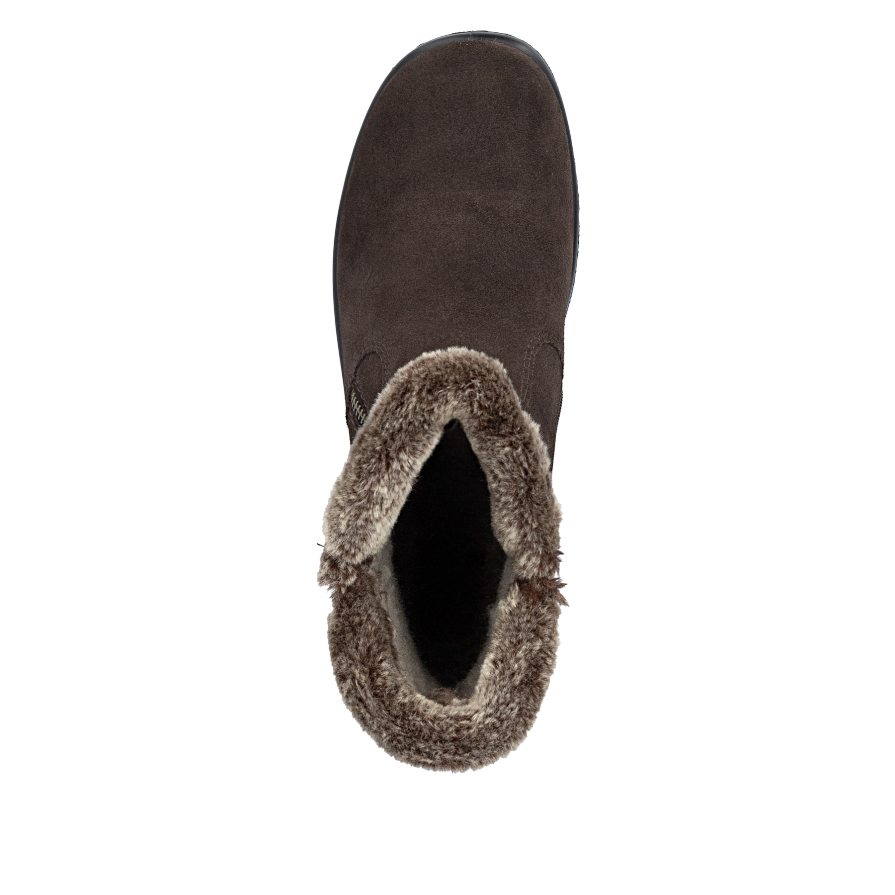 Dunkelbraune Rieker Damen Kurzstiefel L7162-25 aus Rauleder. Schuh von oben.