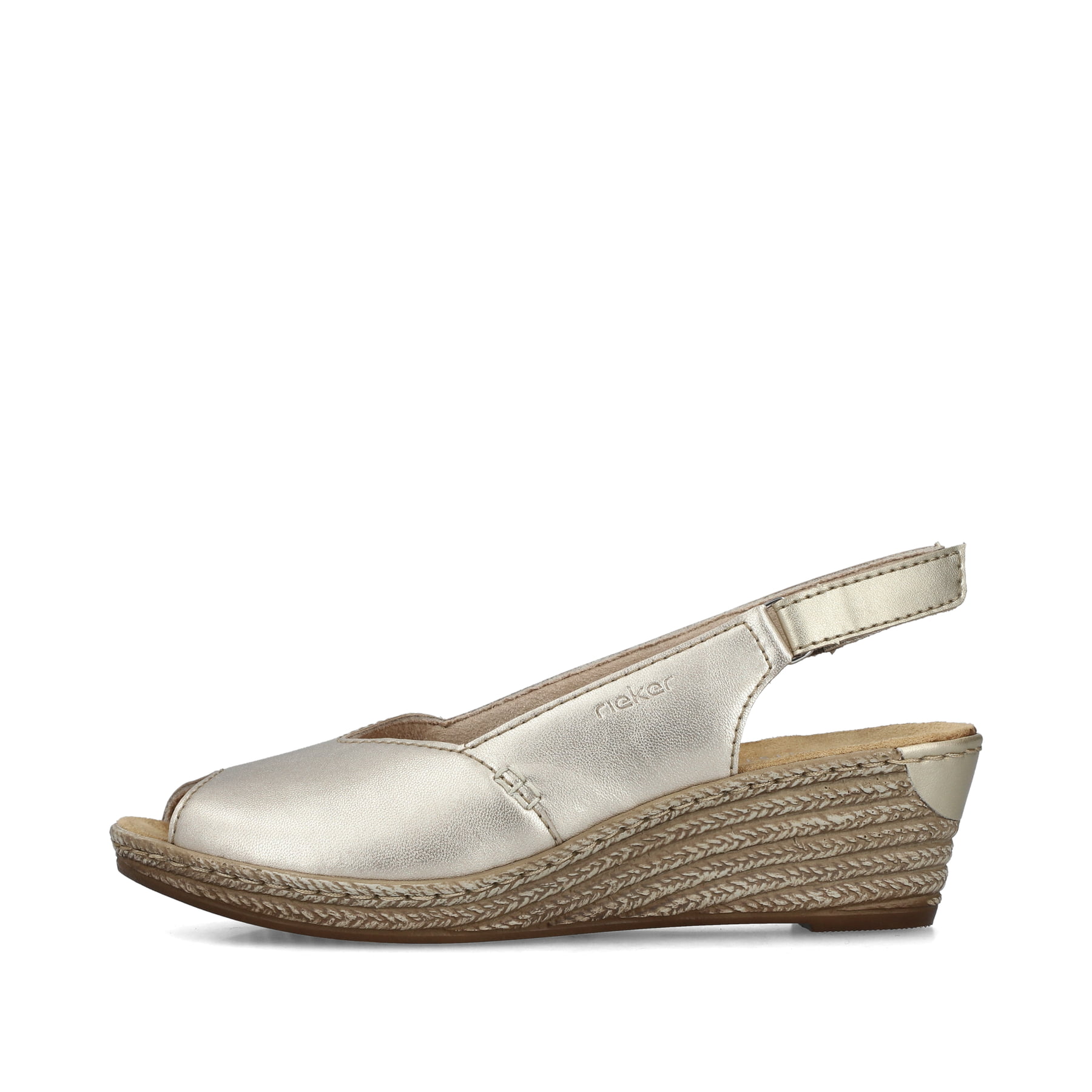 Goldene Rieker Keilsandaletten 62462-90 mit Klettverschluss sowie leichter Sohle. Schuh Außenseite.