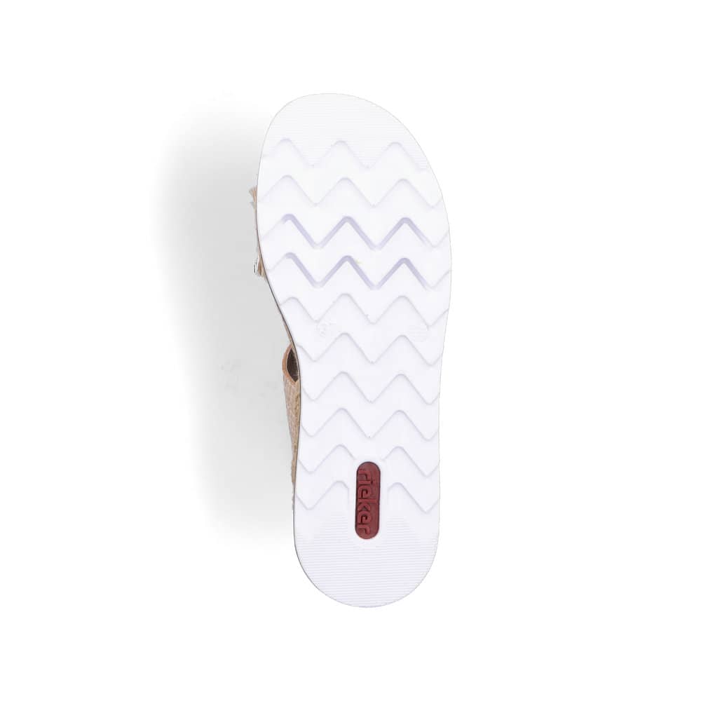 Cremebeige Rieker Damen Pantoletten V79K8-60 mit einem Klettverschluss. Schuh Außenseite gespiegelt.