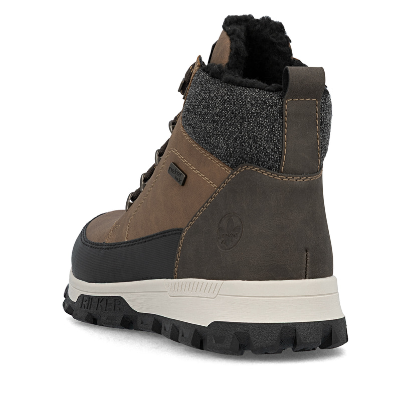 Karamellbraune Rieker Herren Schnürstiefel 35540-24 mit einer leichten Profilsohle. Schuh von hinten