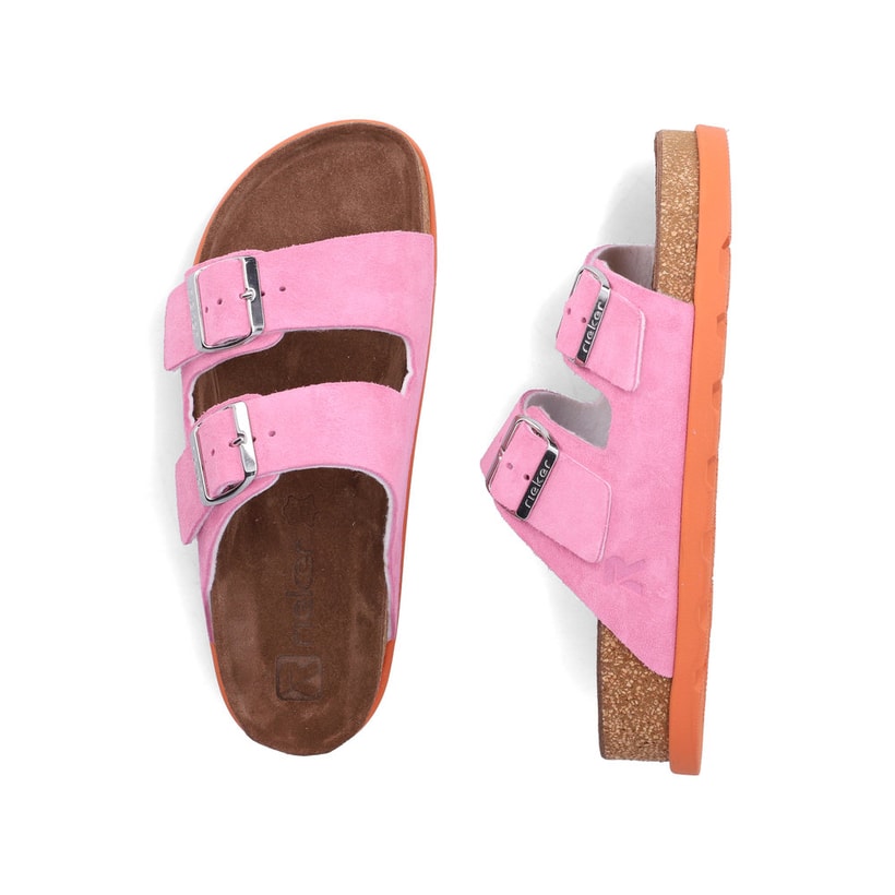 Rosane Rieker Damen Pantoletten V3190-31 aus Rauleder mit Schnallen. Schuh von oben, liegend.