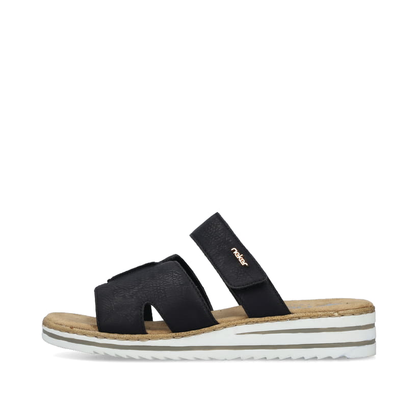 Schwarze Rieker Damen Pantoletten V0622-00 mit moderner Spannnaht. Schuh Außenseite.