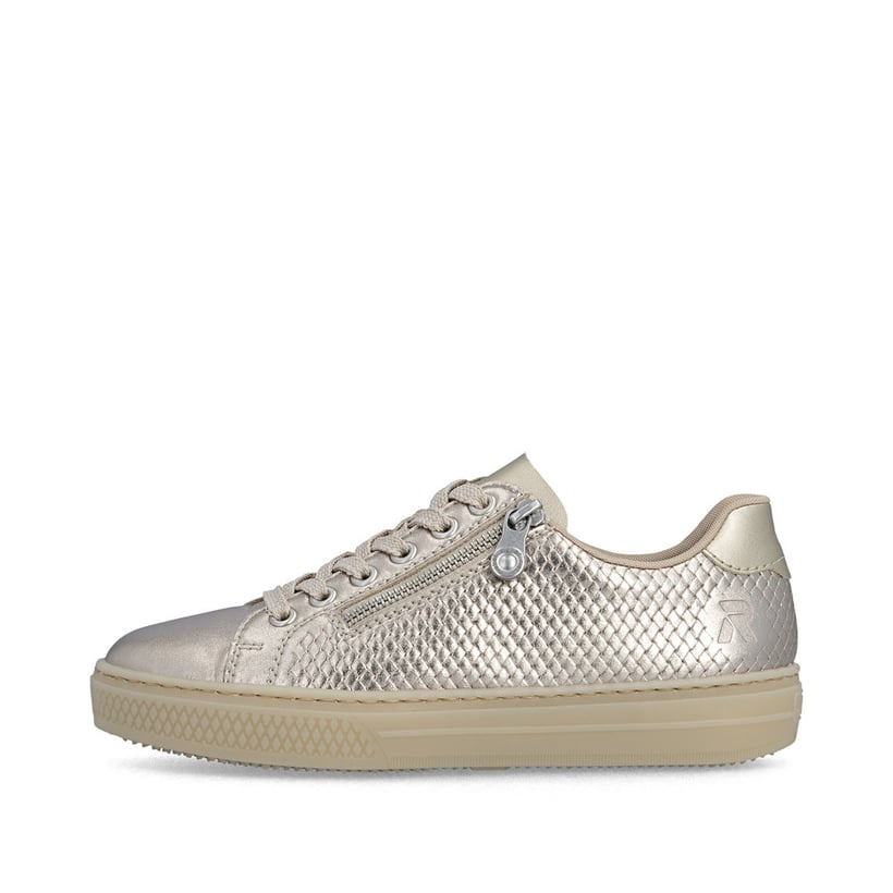 Baskets basses Rieker métalliques pour femme L5955-90 en cuir lisse. Côté extérieur de la chaussure.