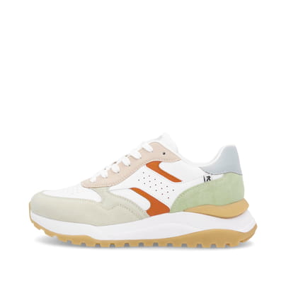 Weiße Rieker Damen Sneaker Low W2500-81 mit Schnürung sowie super leichter Sohle. Schuh Außenseite.