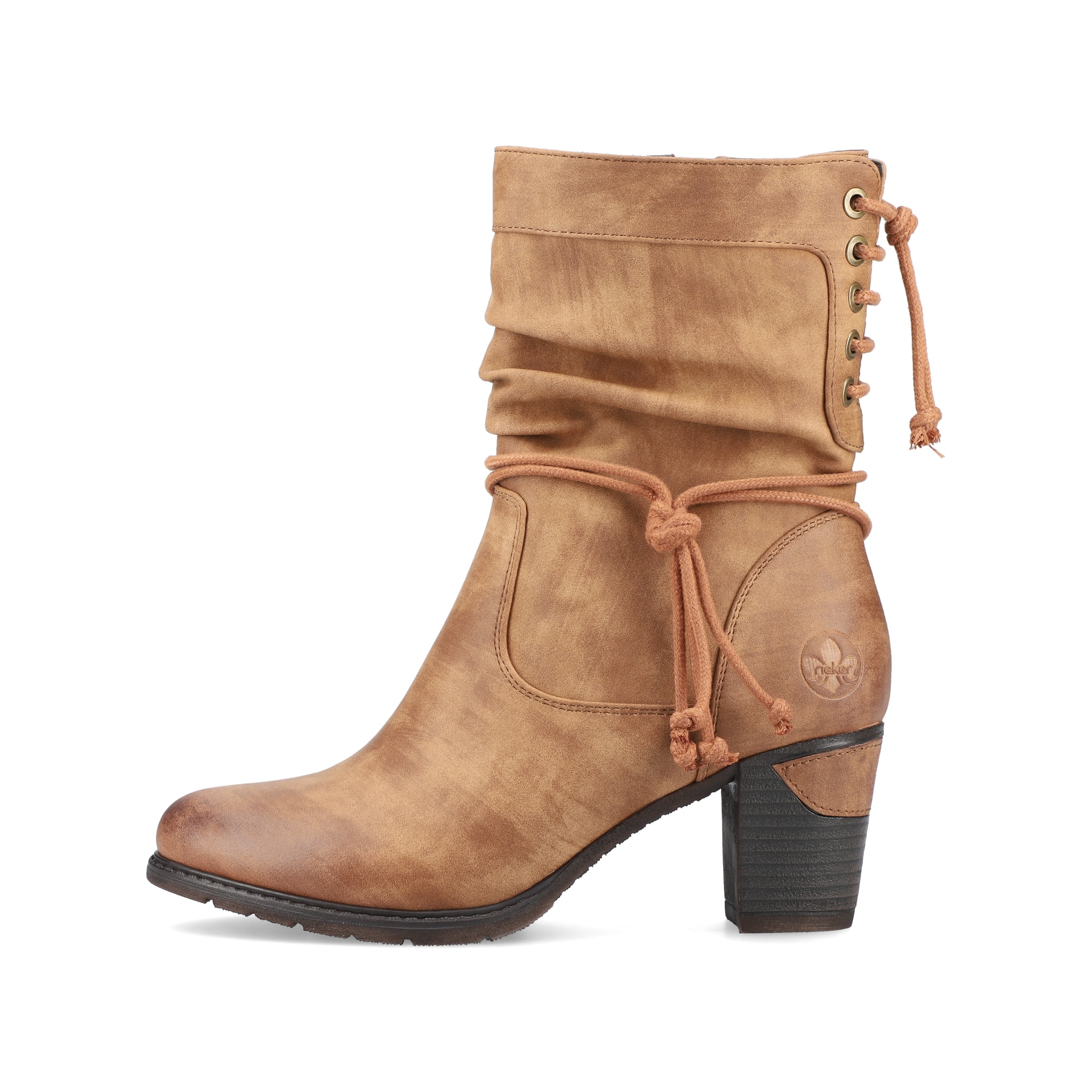 Zimtbraune Rieker Damen Stiefeletten 96073-22 mit einer Profilsohle mit Blockabsatz. Schuh Außenseite