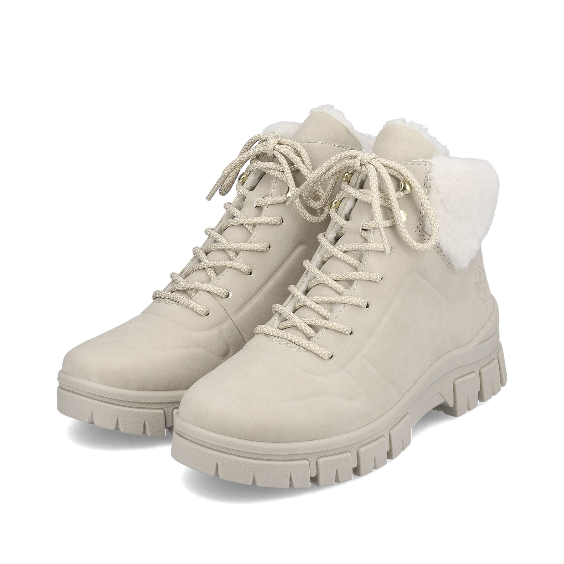 Hellbeige Rieker Damen Schnürstiefel Z1101-62 mit einer robusten Profilsohle. Schuhpaar schräg.