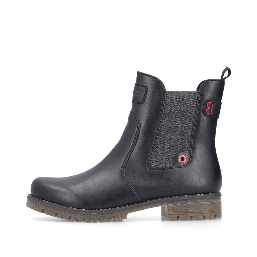 Schwarze Rieker Damen Chelsea Boots 79561-00 mit einem Reißverschluss. Schuh Außenseite.