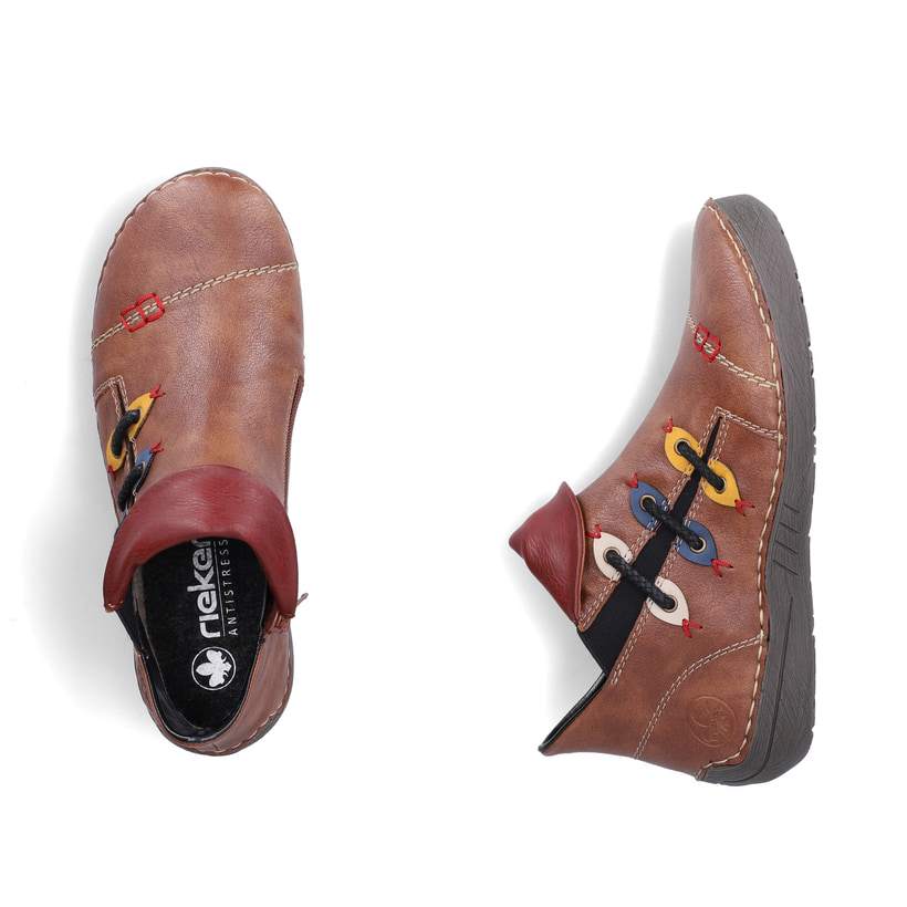 Zimtfarbene Rieker Damen Kurzstiefel 72581-21 mit farbenfrohen Details. Schuh von oben, liegend.