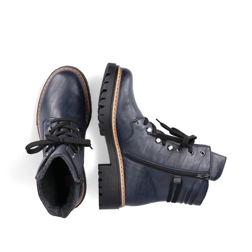 Königsblaue Rieker Damen Schnürstiefel 72621-14 mit einem Reißverschluss. Schuh von oben, liegend.