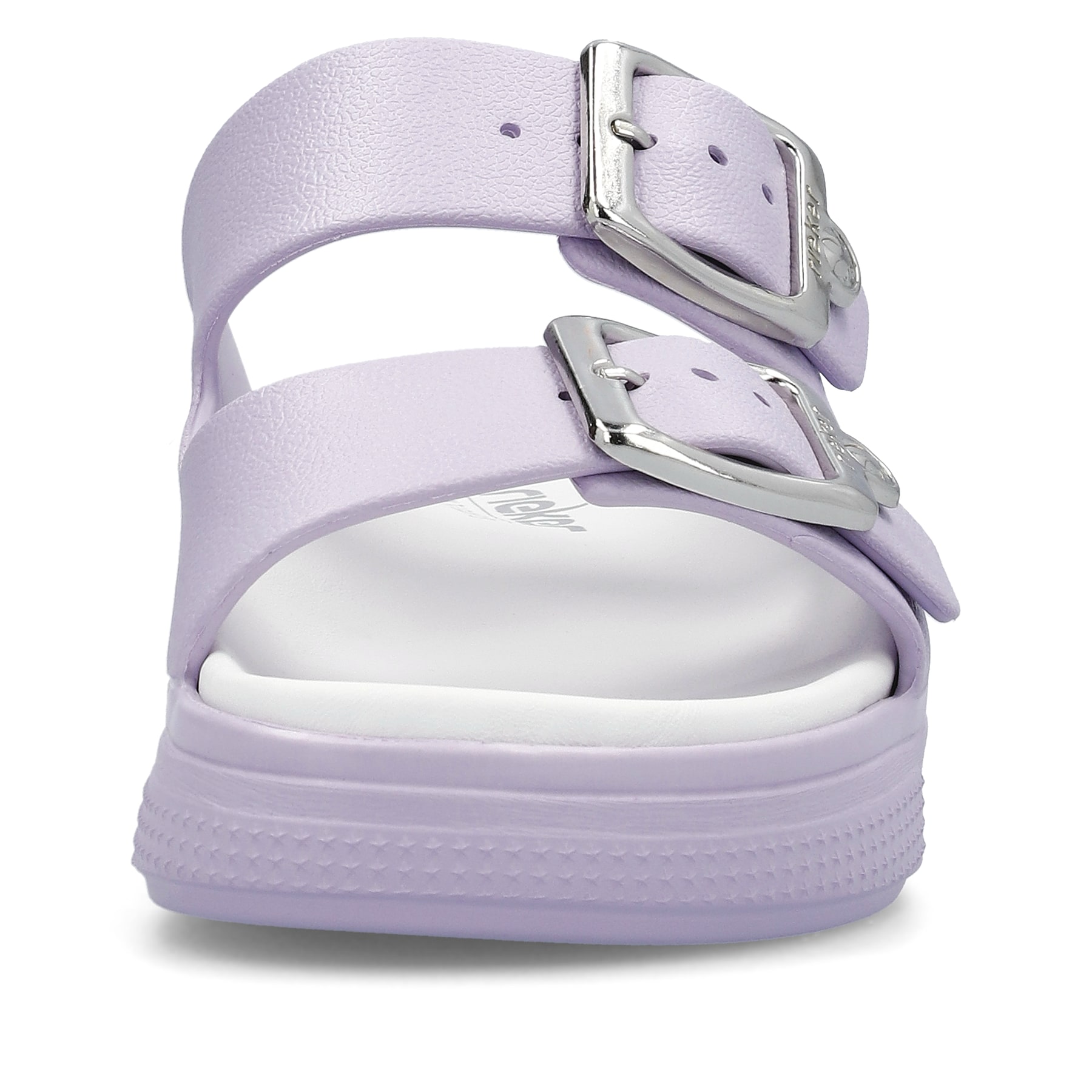 Fliederfarbene Rieker Damen Pantoletten P2180-30 mit einer Schnalle. Schuh von vorne.