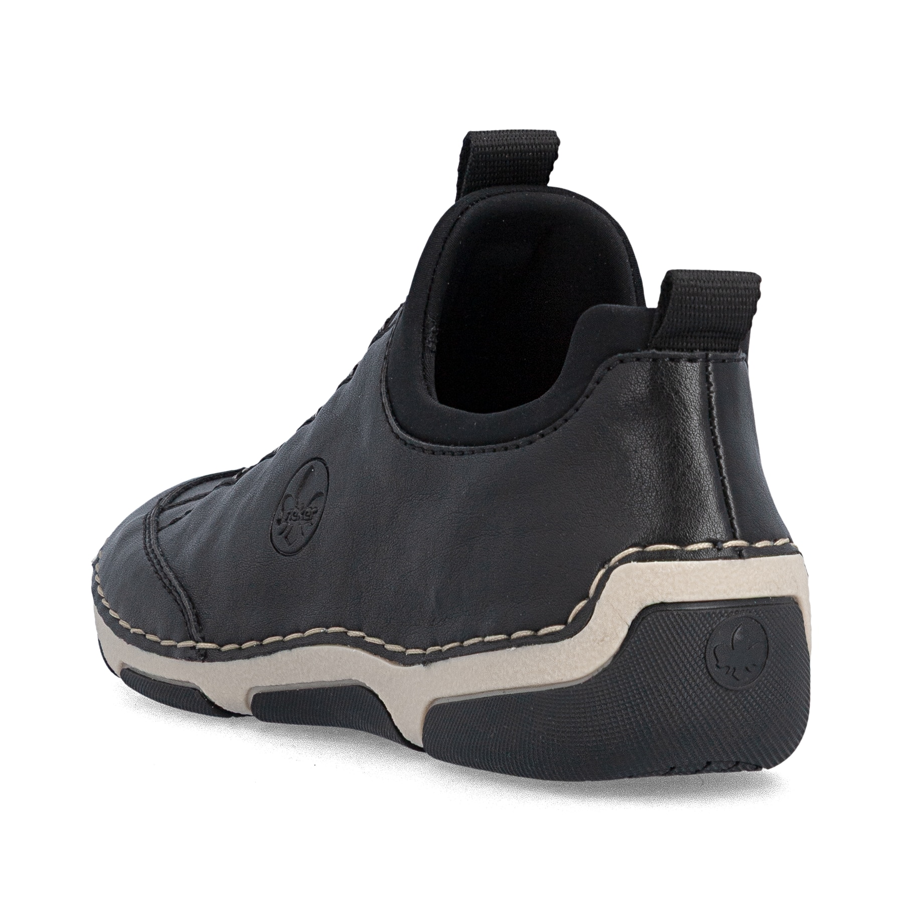 Schwarze Rieker Damen Slipper 55952-00 mit einem Gummizug. Schuh von hinten.