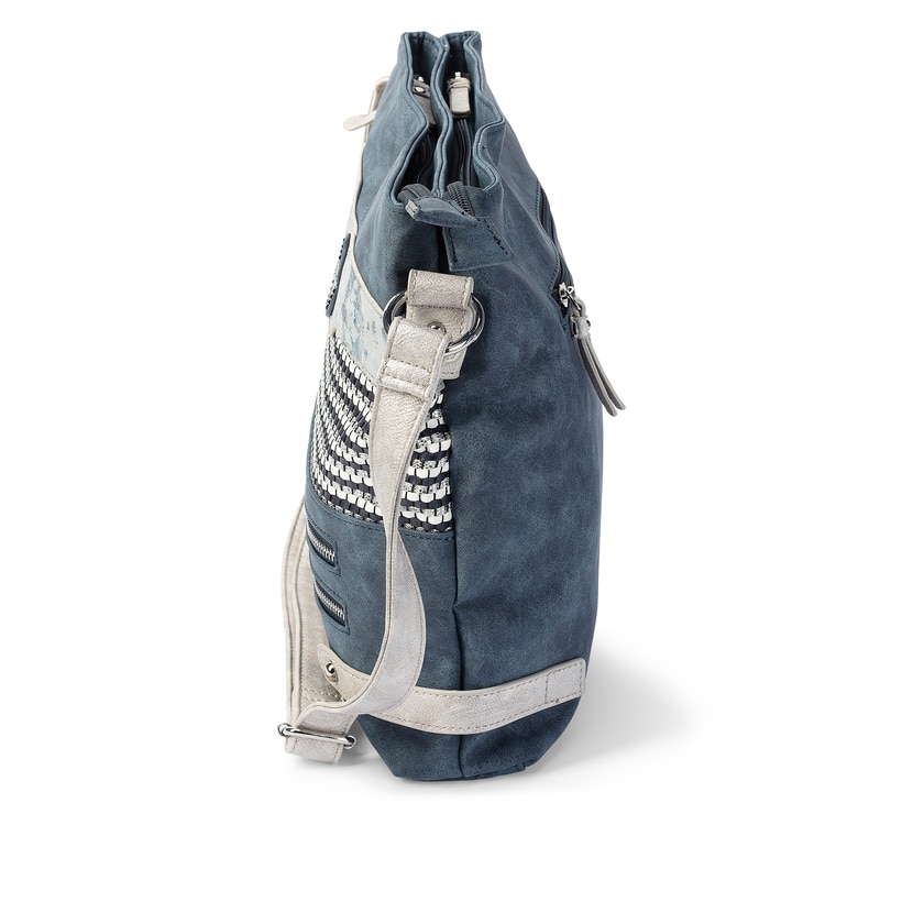 Sac à bandoulière Rieker H1346-16 bleu-combi avec un élément de design grossièrement tressé et trois compartiments intérieurs. Ouvert.