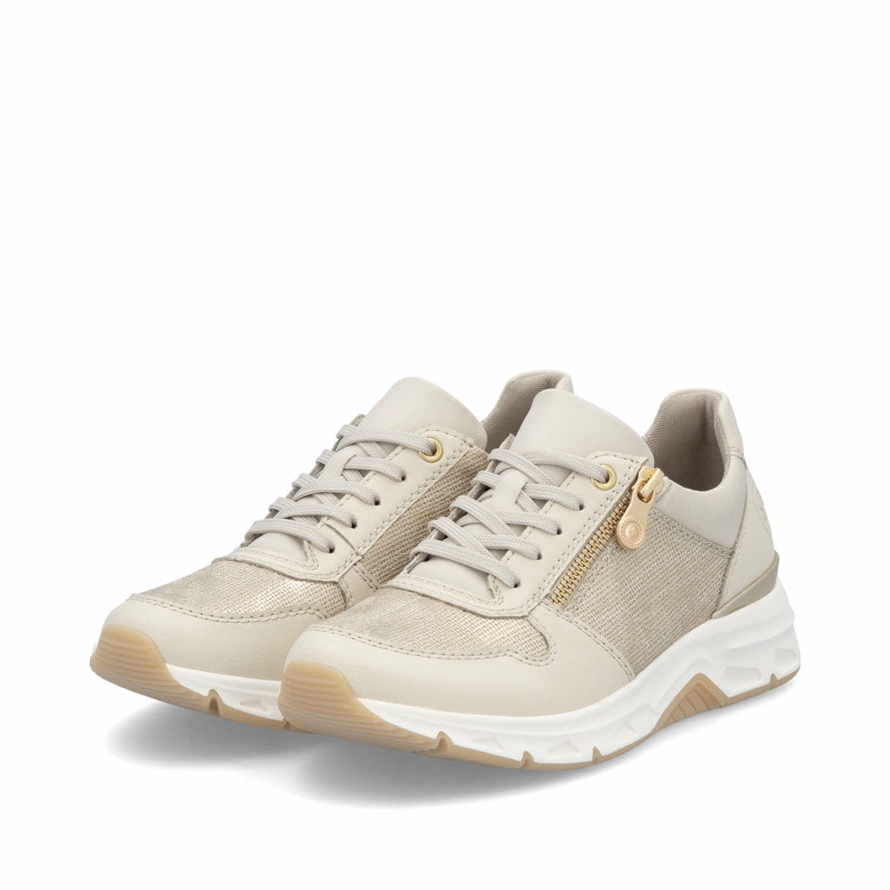 Beige Rieker Damen Sneaker Low 48101-60 aus Glattleder mit einem Reißverschluss. Schuhpaar seitlich schräg.