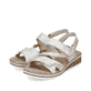 Silberne Rieker Keilsandaletten V3666-60 mit einem Klettverschluss. Schuhpaar seitlich schräg.