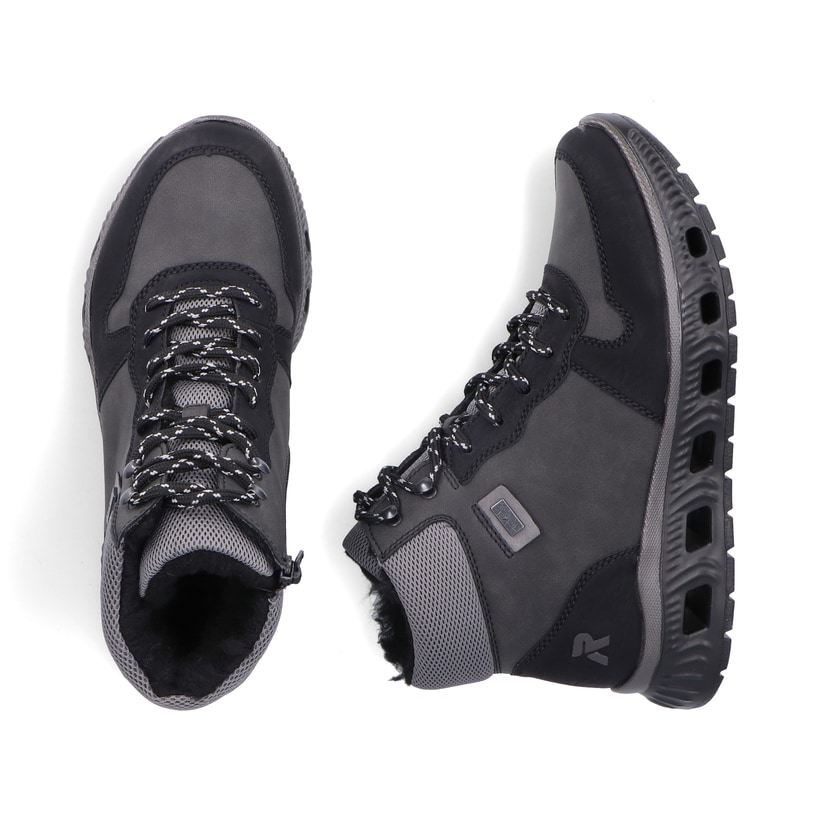 Graue Rieker Damen Sneaker High M6023-45 mit wasserabweisender RiekerTEX-Membran. Schuh von oben, liegend.