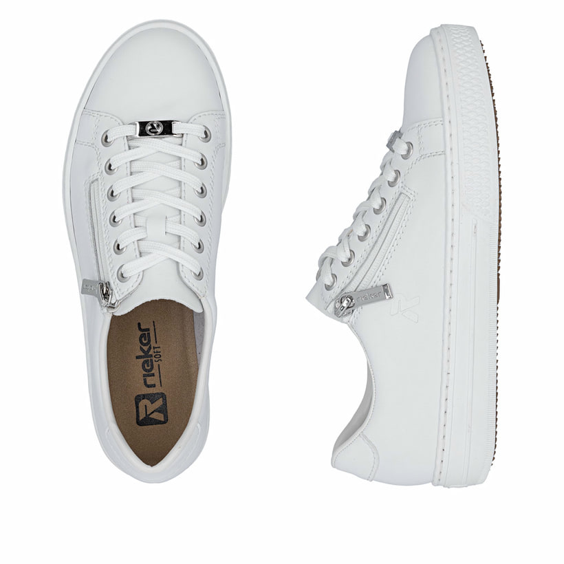 Weiße Rieker Damen Sneaker Low L59L1-83 mit einem Reißverschluss. Schuh von oben, liegend.