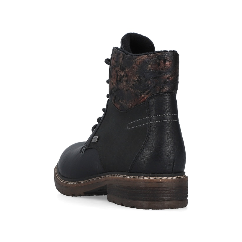 Schwarze Rieker Damen Schnürstiefel 94712-00 mit wasserabweisender TEX-Membran. Schuh von hinten.