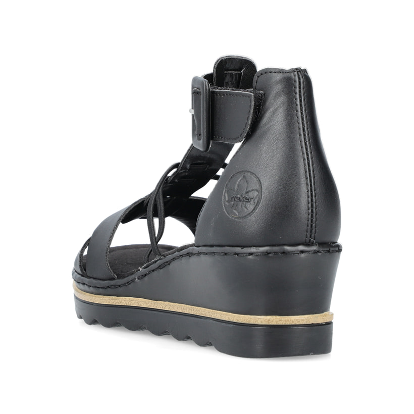 Schwarze Rieker Keilsandaletten 67480-01 mit trendigen Schnalle. Schuh von hinten.