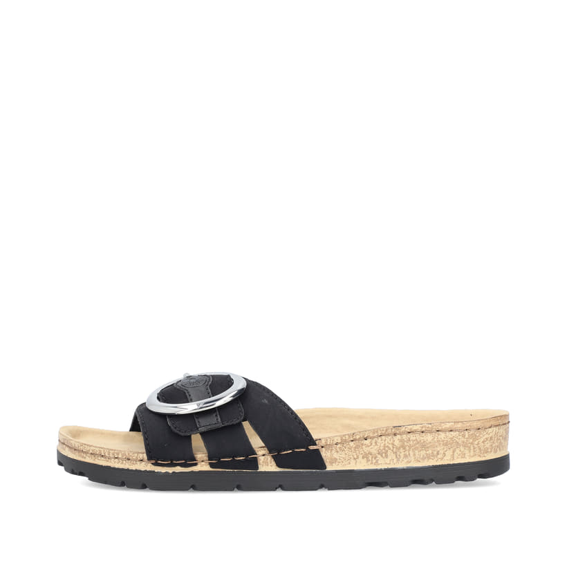 Schwarze Rieker Damen Pantoletten 69880-00 mit Schnalle sowie leichter Sohle. Schuh Außenseite.