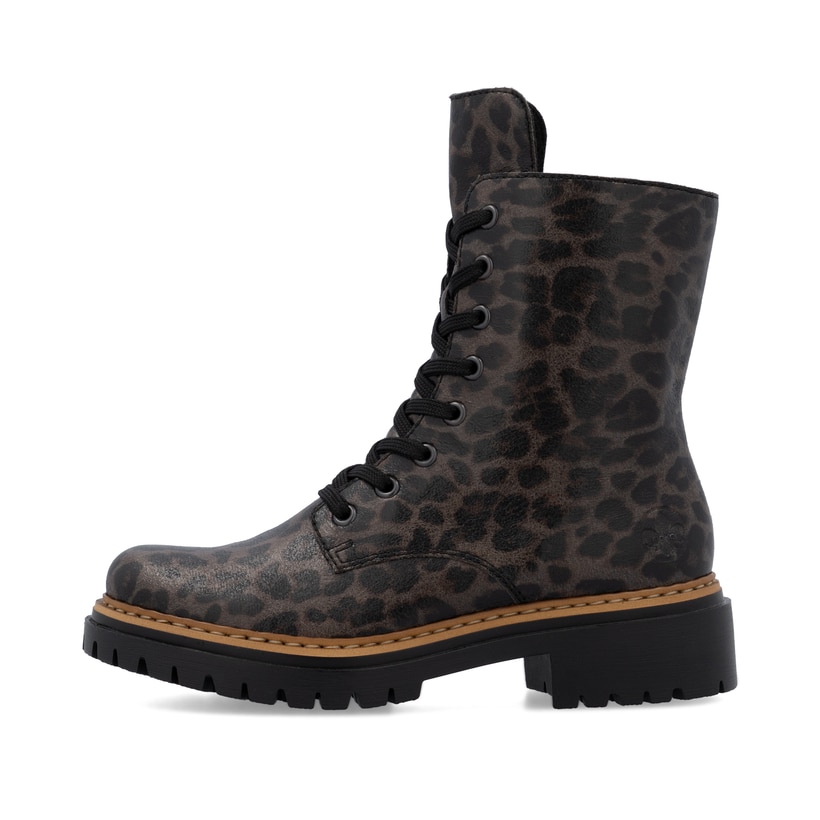 Biker Boots Rieker multicolores pour femme 72627-90 avec imprimé léopard. Côté extérieur de la chaussure.