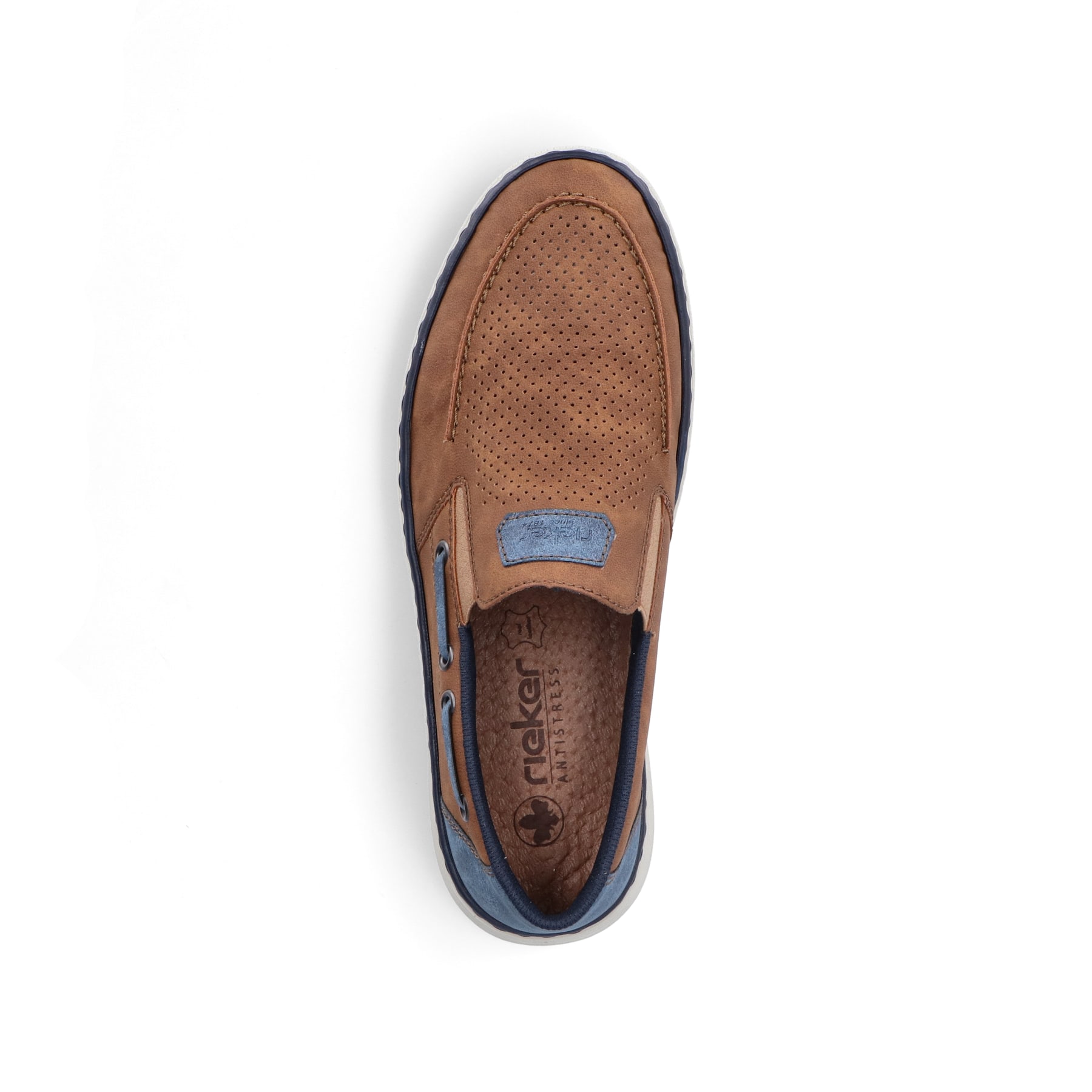Mocassins marron Rieker pour hommes B2264-24avec une couture moderne et un élastique. Vue d’en haut.