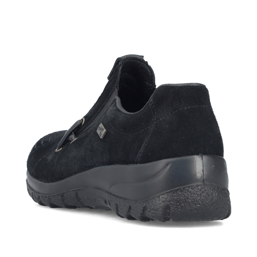 Tiefschwarze Rieker Damen Slipper L7171-00 mit einer schockabsorbierenden Sohle. Schuh von oben