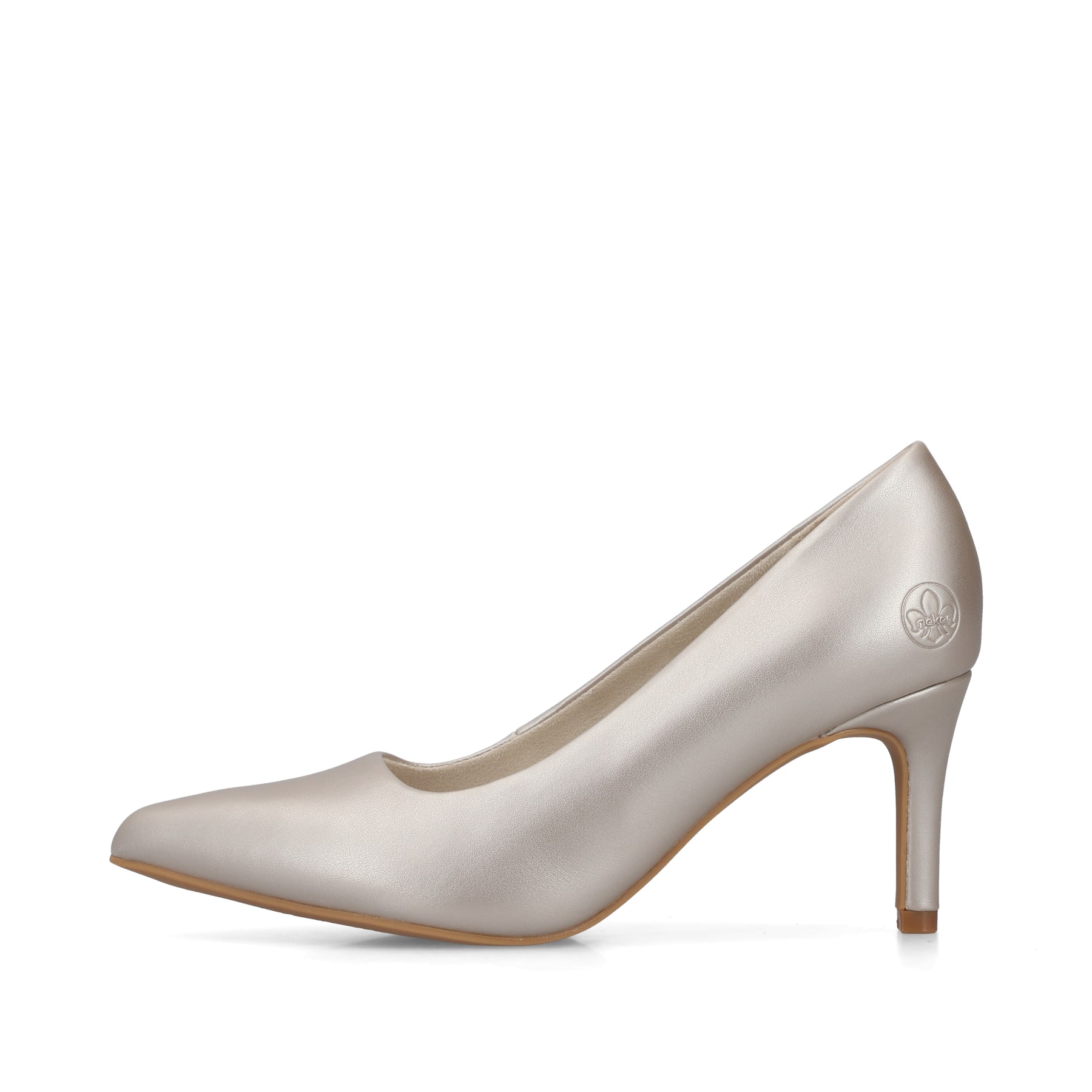Champagnerfarbene Rieker Pumps 41160-90 mit einer griffigen Sohle. Schuh Außenseite.