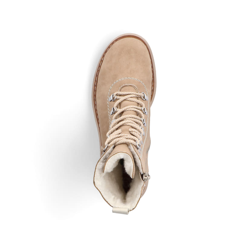 Braunbeige Rieker Damen Schnürstiefel 72643-60 mit einer schockabsorbierenden Sohle. Schuh von oben