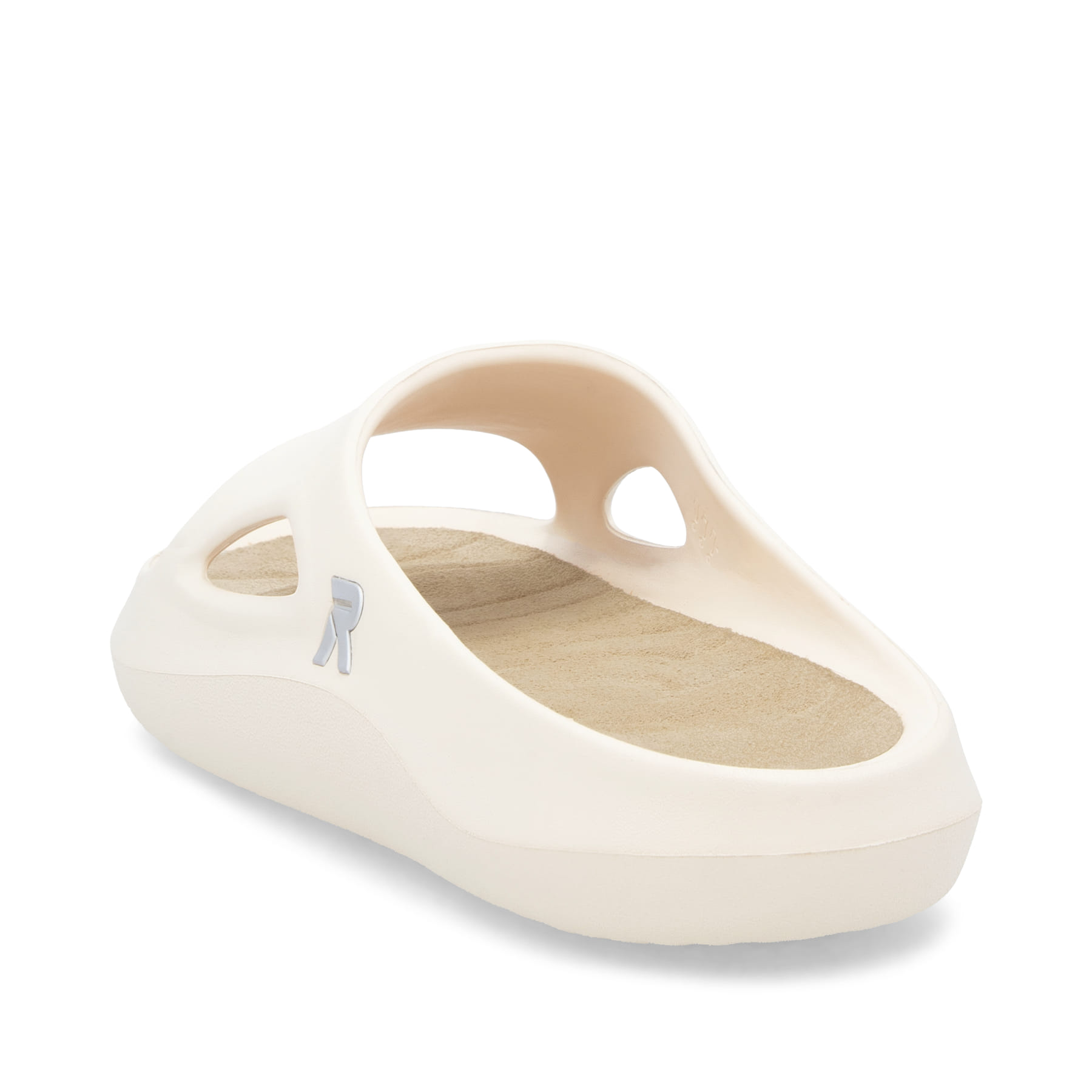 Beige Rieker Herren Pantoletten U3350-60 mit flexibler und ultraleichter Sohle. Schuh von hinten.