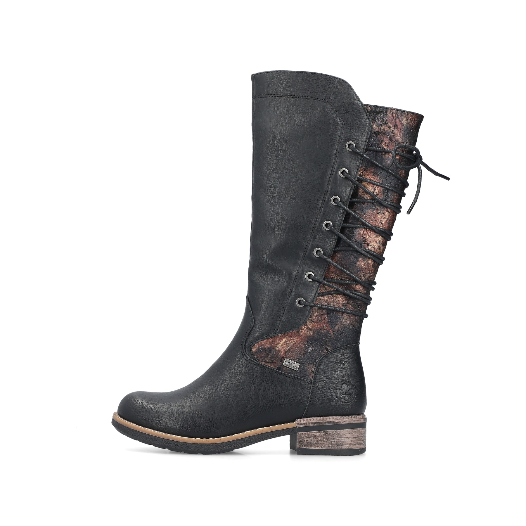 Schwarze Rieker Damen Hochschaftstiefel 94693-00 mit einem Reißverschluss. Schuh Außenseite.