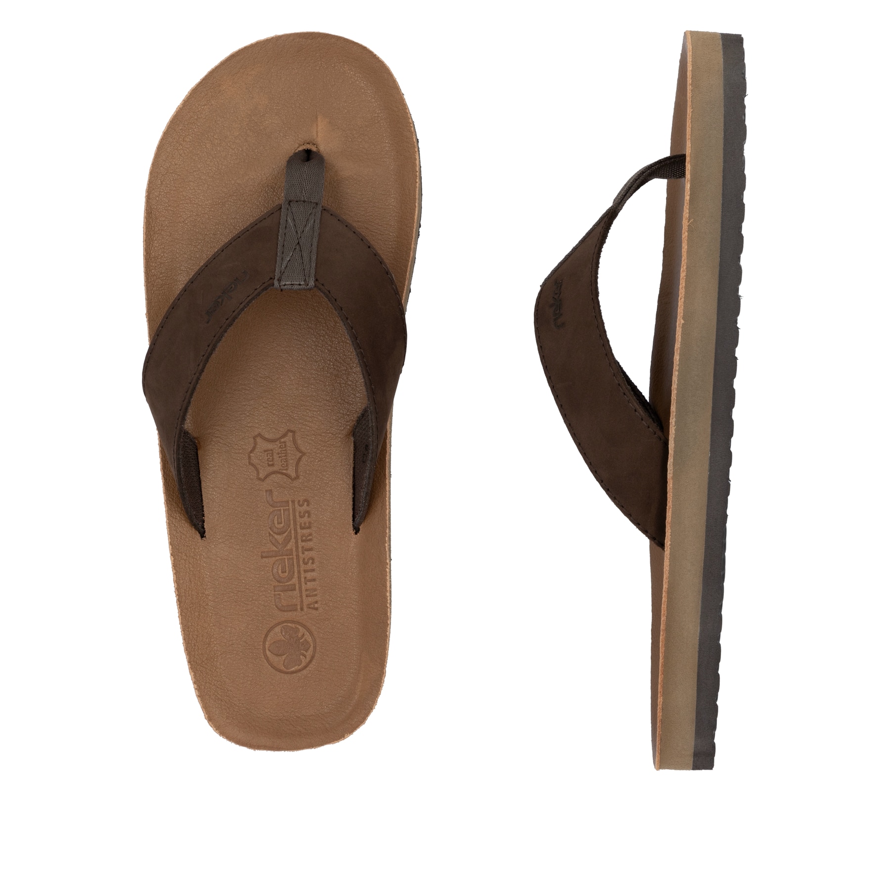 Braune Rieker Herren Zehentrenner 20152-25 mit der Komfortweite G. Schuh von oben, liegend.