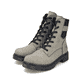 
Graugrüne Rieker Damen Biker Boots Y2431-52 mit Schnürung und Reißverschluss. Schuhpaar schräg.