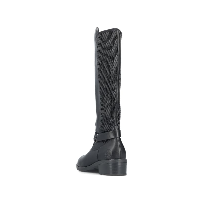 Schwarze Rieker Damen Hochschaftstiefel 75490-00 mit einem Reißverschluss. Schuh von hinten.
