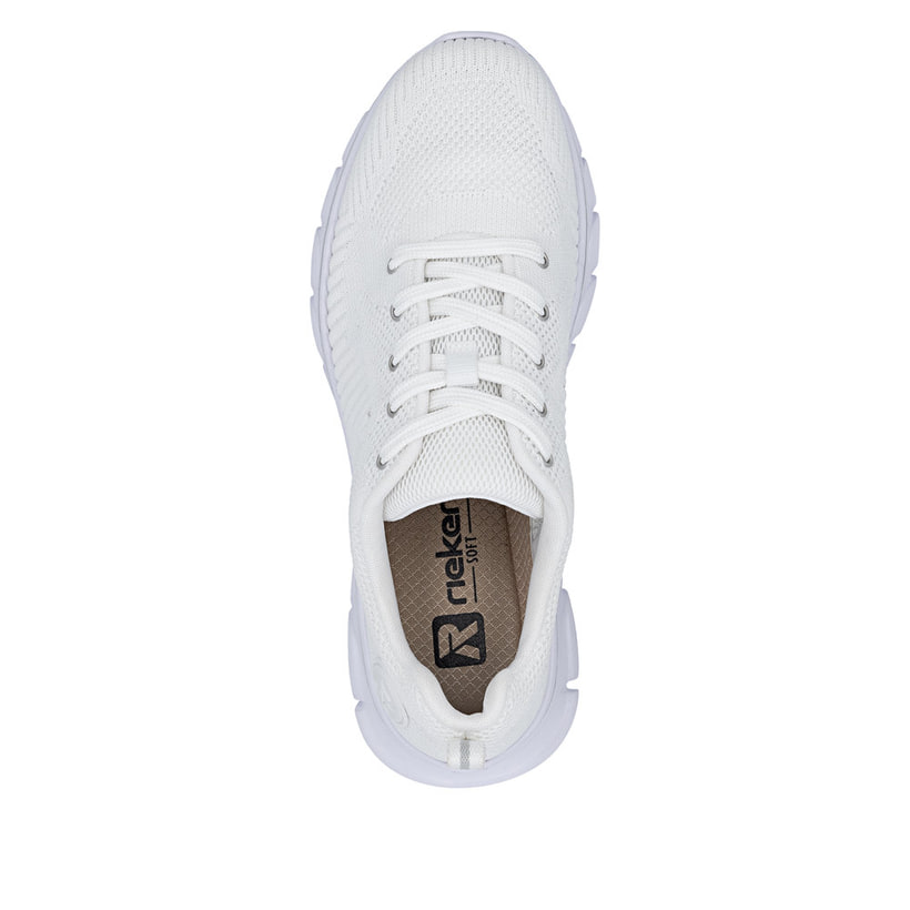 Weiße vegane Rieker Damen Sneaker Low 54022-81 mit einer Schnürung. Schuh von oben.