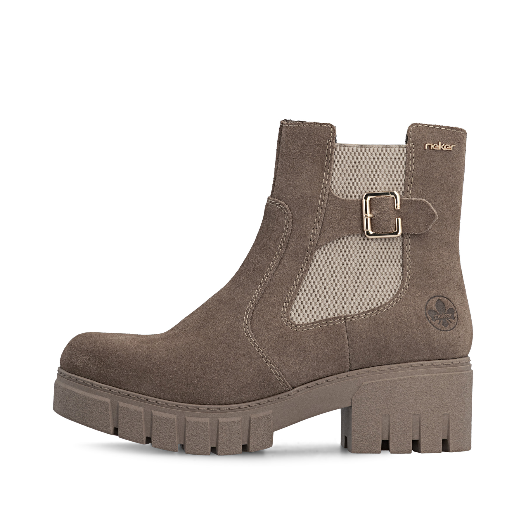 Beige Rieker Damen Chelsea Boots 74560-64 aus Rauleder mit einem Reißverschluss. Schuh Außenseite.