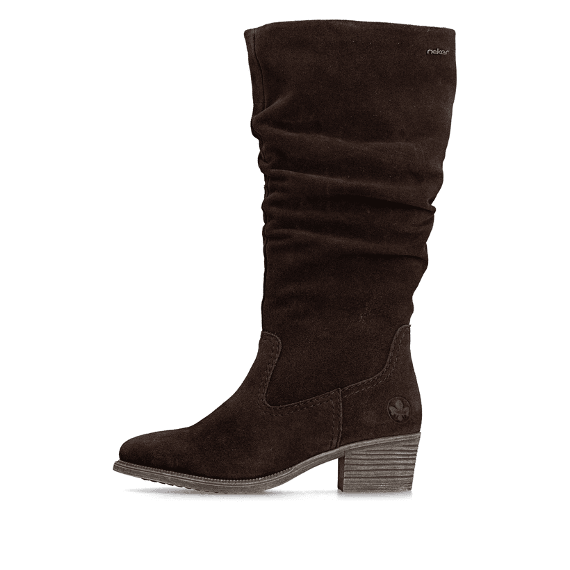 Dunkelbraune Rieker Damen Hochschaftstiefel 73159-25 aus Rauleder. Schuh Außenseite.