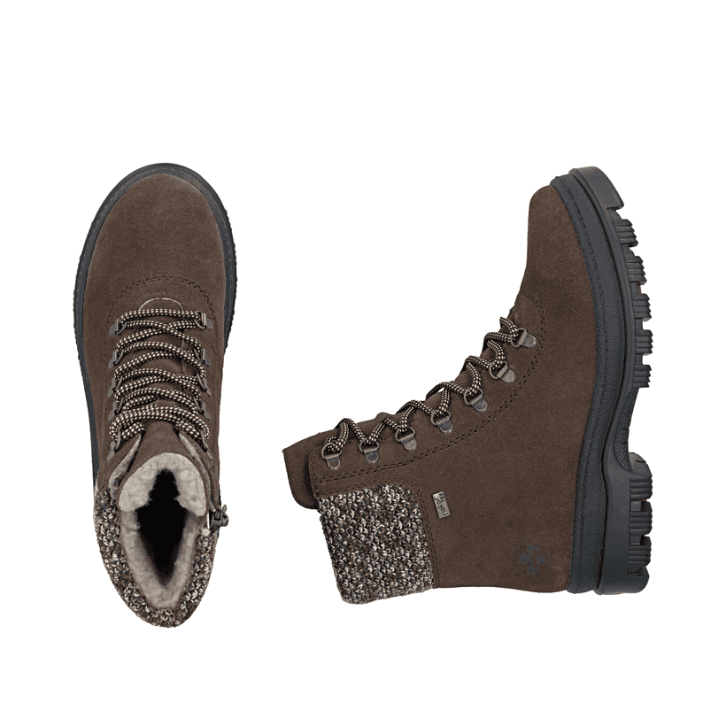 Dunkelbraune Rieker Damen Schnürstiefel X8233-25 aus Rauleder. Schuh von oben, liegend.