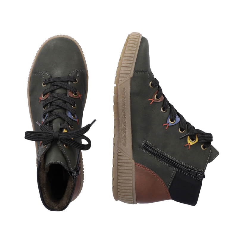 Mehrfarbige Rieker Damen Schnürstiefel N0711-54 mit Ösen-Verzierung. Schuh von oben, liegend.