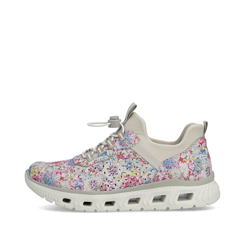 Mehrfarbige Rieker Damen Slipper M6081-90 mit floralem Muster sowie Gummizug. Schuh Außenseite.