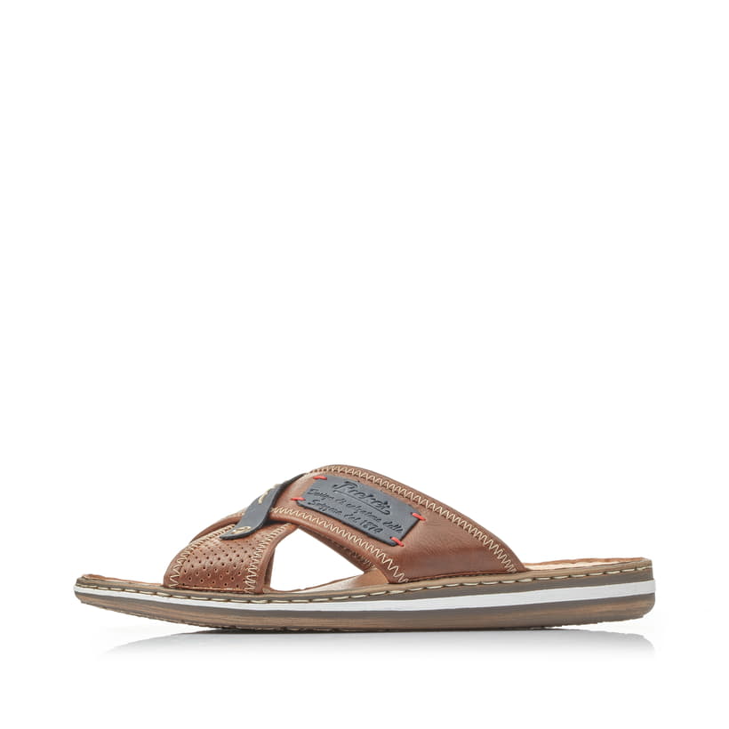 Braune Rieker Herren Pantoletten 21061-25 mit der Komfortweite G. Schuh Außenseite.