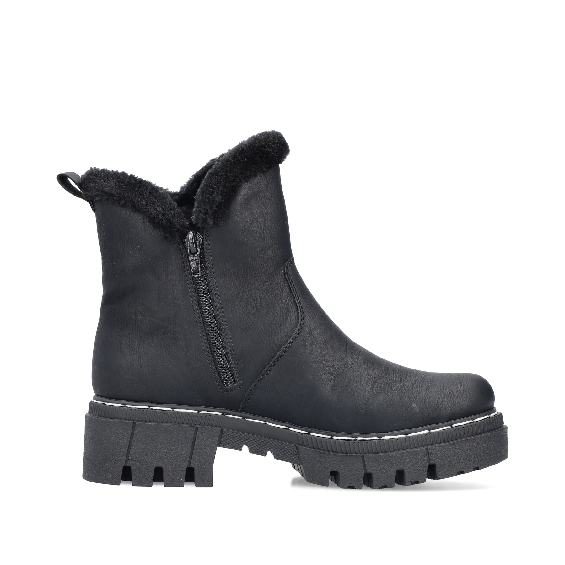 Schwarze Rieker Damen Chelsea Boots 74082-00 mit Fellschaftrand. Schuh Innenseite.