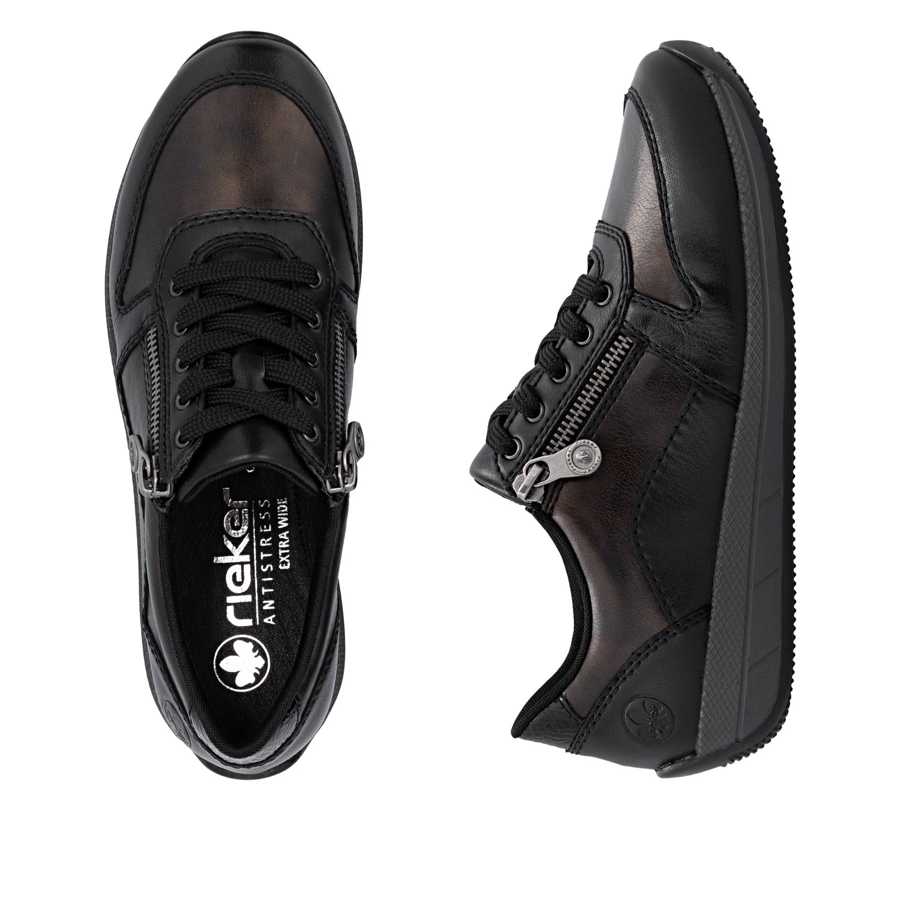 Baskets basses Rieker marron pour femme N1100-25 en cuir lisse. Chaussure vue de dessus, couchée.