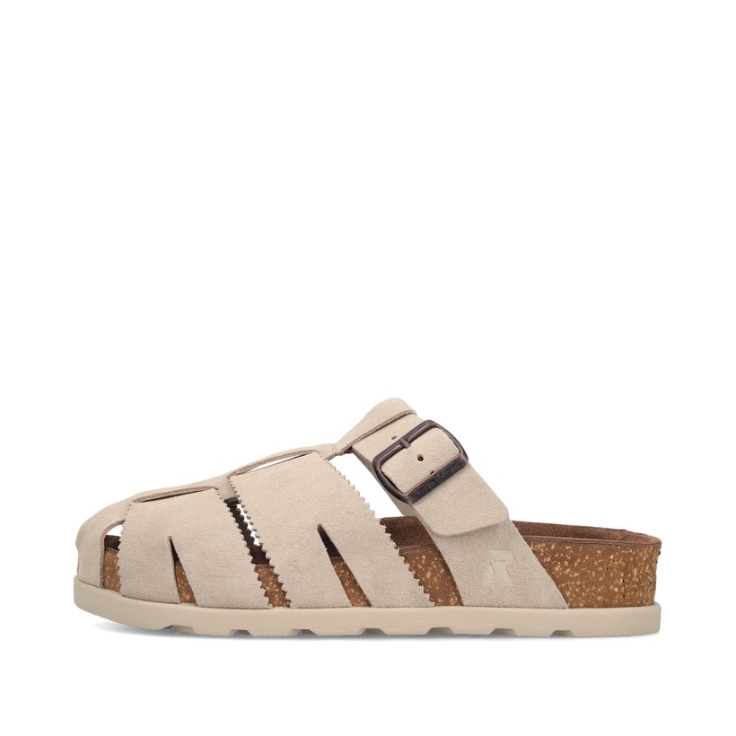 Mules Rieker beiges pour femme V3164-62 en cuir velours avec boucles. Côté extérieur de la chaussure.