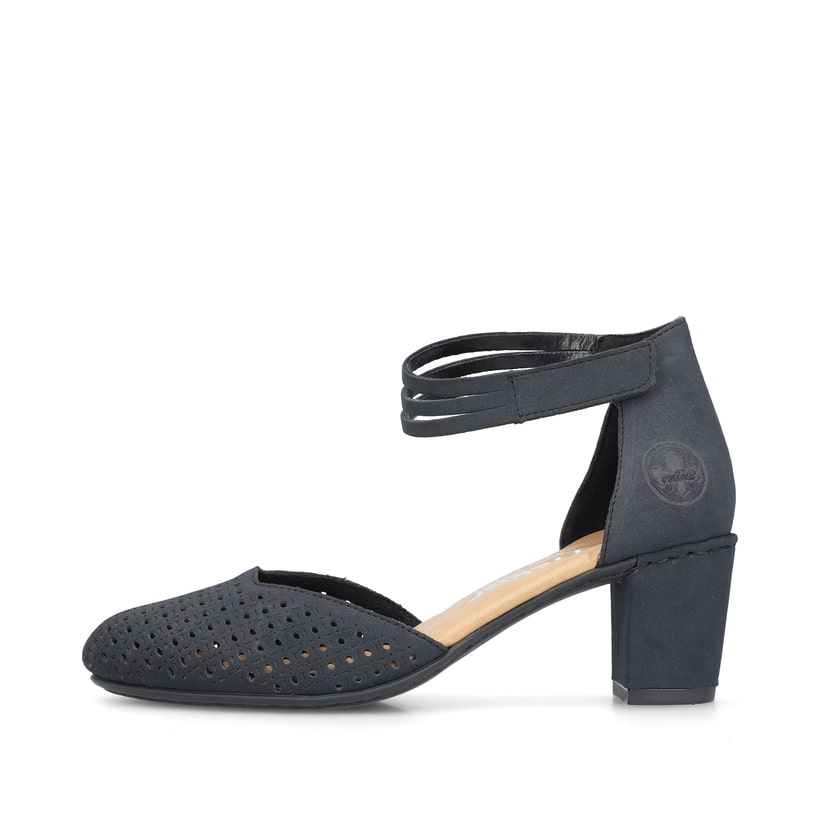 Blaue Rieker Pumps 41050-15 mit Klettverschluss sowie extra weicher Decksohle. Schuh Außenseite.