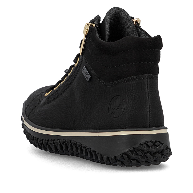 Schwarze Rieker Damen Schnürstiefel Z4263-00 mit wasserabweisender TEX-Membran. Schuh von hinten.