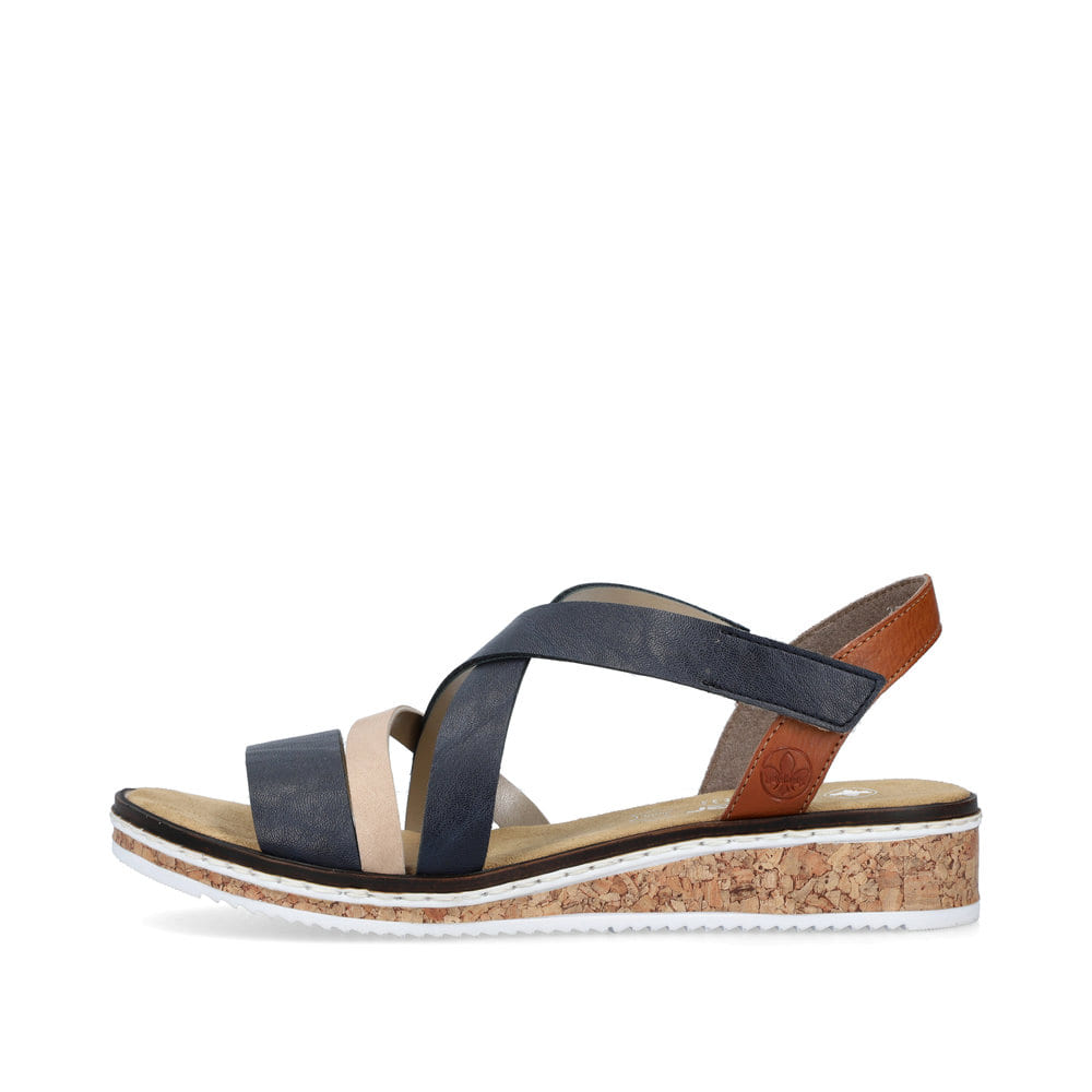 Sandales compensées Rieker bleues femme V3663-91 avec fermeture velcro. Côté extérieur de la chaussure.