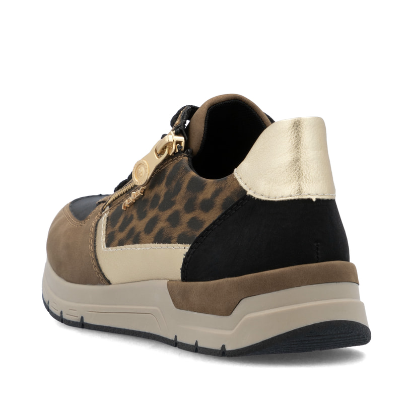 Braune Rieker Damen Sneaker Low 58902-24 mit Leo-Print sowie Reißverschluss. Schuh von hinten.