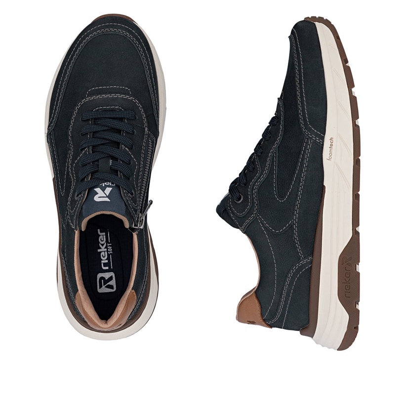 Blaue Rieker Herren Sneaker Low 06100-14 aus Glattleder mit einem Reißverschluss. Schuh von oben, liegend.