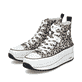 Mehrfarbige vegane Rieker Damen Sneaker High 90010-91 mit einem Reißverschluss. Schuhpaar seitlich schräg.